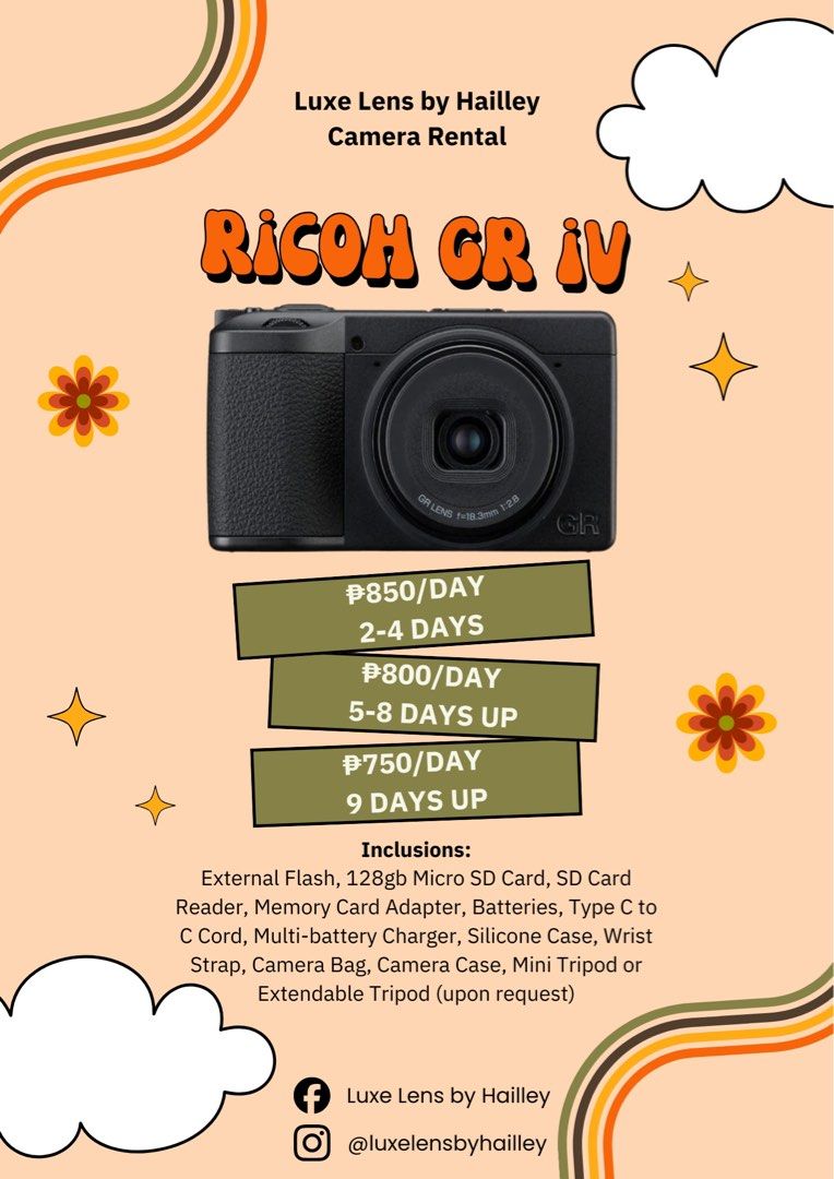 Ricoh GR IV RENT (Category: Cameras) located in Manila. Submitted by waldorfsupremacy (Listing ID 1448521292, Image 1). Description: ♡ CAMERA FOR RENT ♡ ✅DTI & BIR Registered✅ 📍TONDO MANILA available units: 📸 canon g7x mark ii & iii 📸 ricoh gr iii x & gr iv 📸 canon eos r50 📸 canon eos 3000d 🎥 dji osmo pocket 3 🎥 dji osmo nano 🎥 dji flip drone & rc2 🎥 insta360 x3 🧳 airwheel se3s & mini 📍 Tondo, Manila dm to rent! first come first served