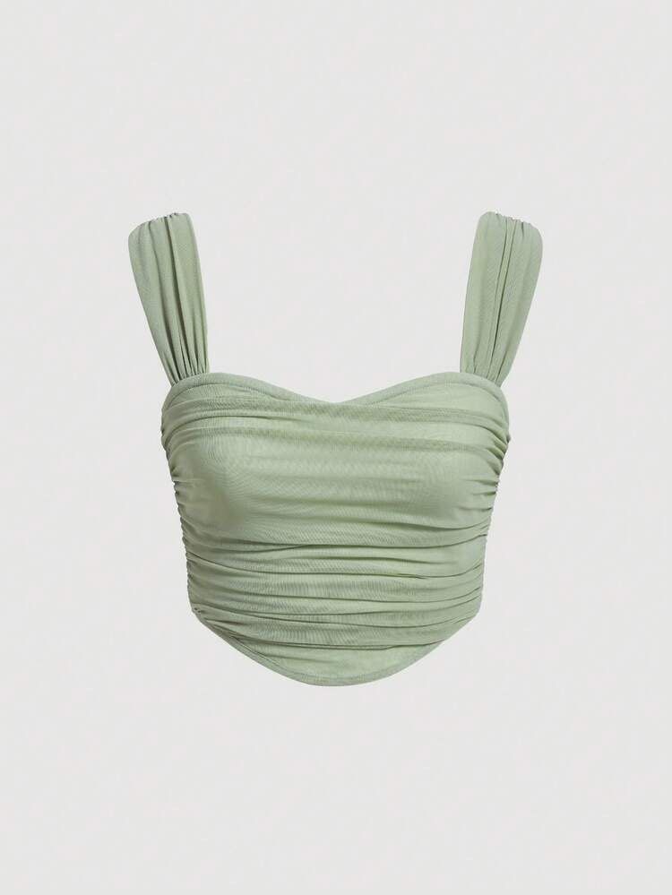 Sage Green Solid Ruched Wide Straps Top | Sleeveless top | Mesh Top (Category: Sleeveless) located in San Jose. Submitted by chicselection_ (Listing ID 1448510115, Image 1). Description: Bust: 32-24 - Features wide shoulder straps - Sweetheart neckline - Ruched bodice design - Made with stretchable mesh fabric and double lining - With rubber stopper for a more secure fit - Straps can be worn on the shoulders or off-shoulder for a more dramatic lo