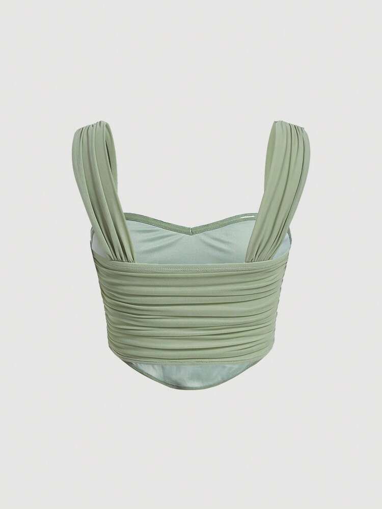 Sage Green Solid Ruched Wide Straps Top | Sleeveless top | Mesh Top (Category: Sleeveless) located in San Jose. Submitted by chicselection_ (Listing ID 1448510115, Image 2). Description: Bust: 32-24 - Features wide shoulder straps - Sweetheart neckline - Ruched bodice design - Made with stretchable mesh fabric and double lining - With rubber stopper for a more secure fit - Straps can be worn on the shoulders or off-shoulder for a more dramatic lo