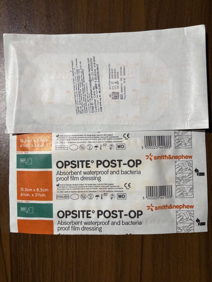 Smith & Nephew Opsite Post-Op Absorbent Waterproof Dressing (Category: Medical Supplies & Tools) located in Manila. Submitted by rosel2001 (Listing ID 1448536649, Image 2). Description: - Size: 15.5cm x 8.5cm (6 1/4in. x 3 3/8in.) per pack - Waterproof and bacteria-proof film - Ideal for post-operative wound care - Helps keep wounds clean and protected.
