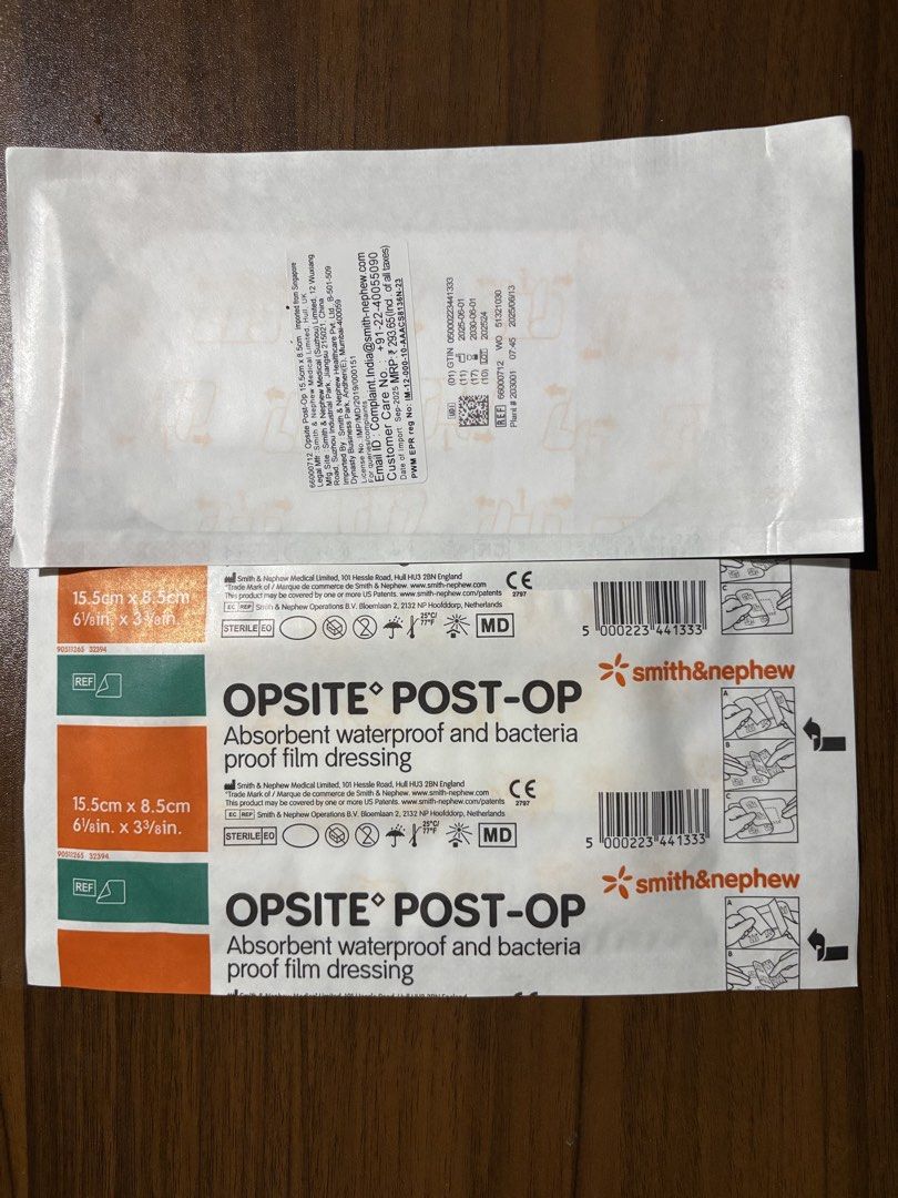 Smith & Nephew Opsite Post-Op Absorbent Waterproof Dressing (Category: Medical Supplies & Tools) located in Manila. Submitted by rosel2001 (Listing ID 1448536649, Image 1). Description: - Size: 15.5cm x 8.5cm (6 1/4in. x 3 3/8in.) per pack - Waterproof and bacteria-proof film - Ideal for post-operative wound care - Helps keep wounds clean and protected.