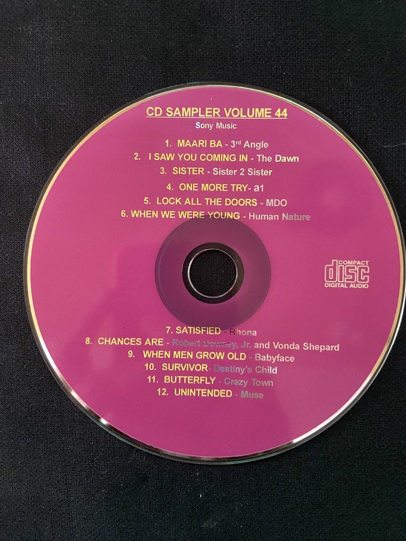 Sony Music CD Sampler Volume 44 Compilation CD (Category: CDs & DVDs) located in Pasig City. Submitted by jeprocts (Listing ID 1448494716, Image 1). Description: - Sony Music CD Sampler Volume 44 - Features tracks from 3rd Angle, The Dawn, Sister 2 Sister, MDO, Human Nature, Rhona, Robert Downey Jr., Vonda Shepard, Babyface, Destiny's Child, Crazy Town, and Muse. - A great collection of songs for music lovers..