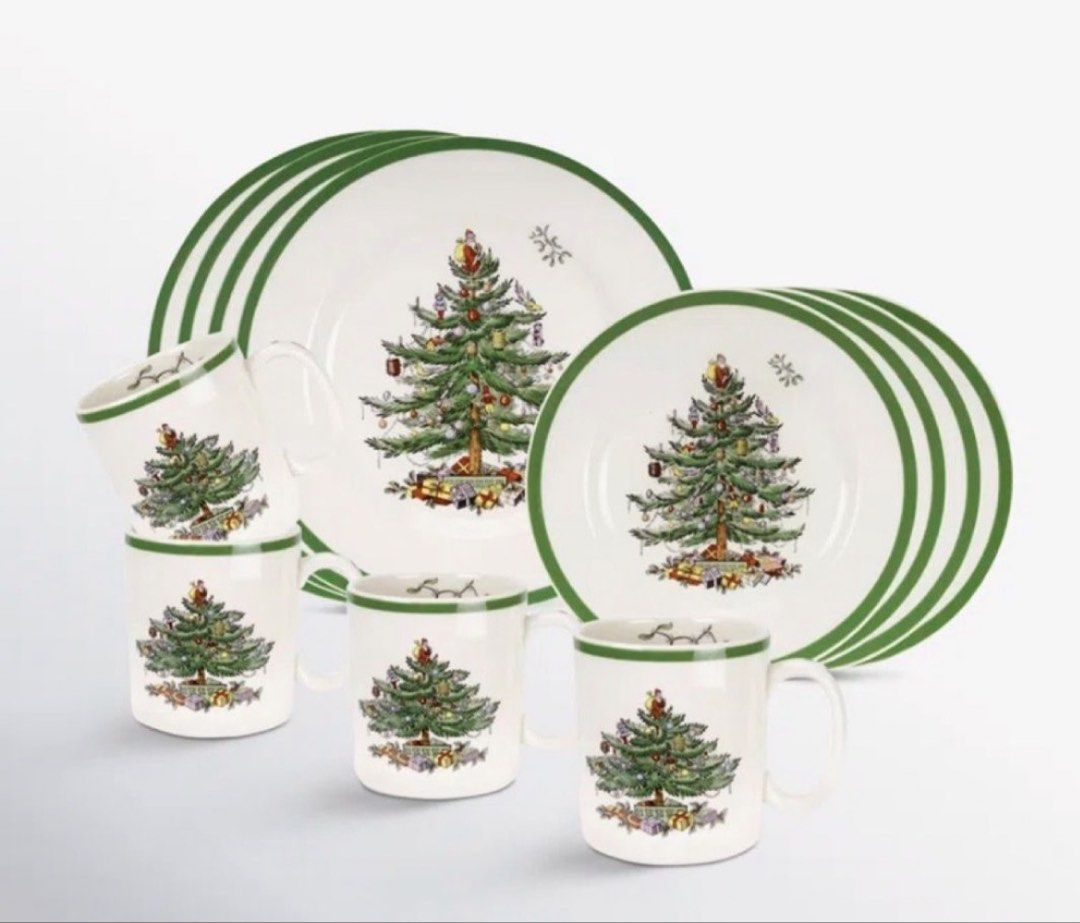 SPODE Christmas Tree Dinnerware Set - Plates and Mugs (Category: Dinnerware & Cutlery) located in Taguig. Submitted by fortich (Listing ID 1448692216, Image 1). Description: - Festive Christmas tree design on white ceramic - Green trim around the edges - Set includes dinner plates, salad plates and mugs - Ideal for holiday gatherings and serving guests - Adds a cheerful touch to your table setting.