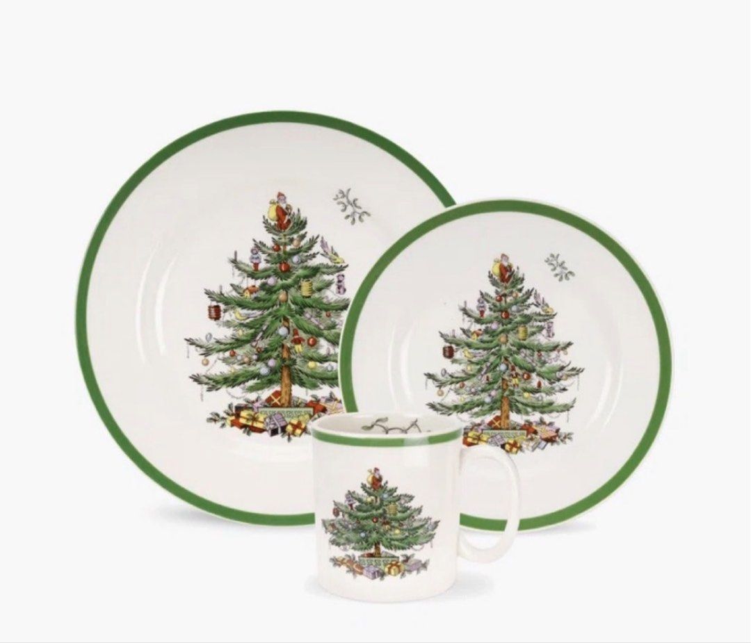 SPODE Christmas Tree Dinnerware Set - Plates and Mugs (Category: Dinnerware & Cutlery) located in Taguig. Submitted by fortich (Listing ID 1448692216, Image 2). Description: - Festive Christmas tree design on white ceramic - Green trim around the edges - Set includes dinner plates, salad plates and mugs - Ideal for holiday gatherings and serving guests - Adds a cheerful touch to your table setting.