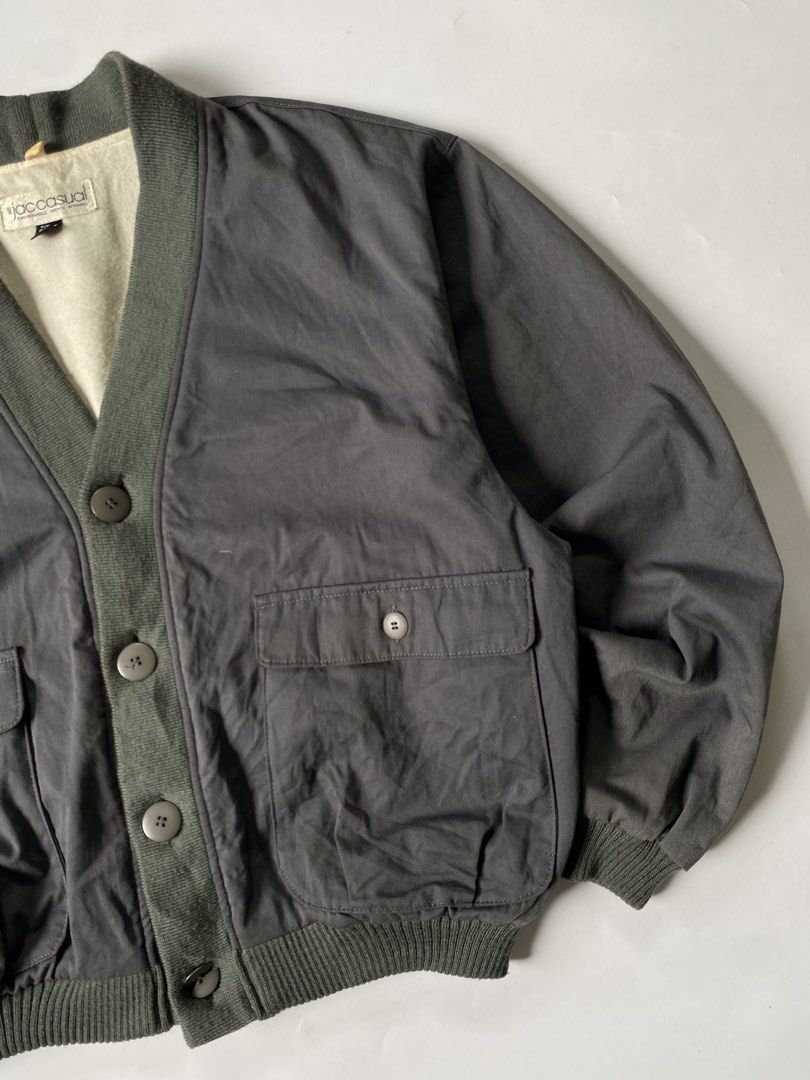 Vintage Jac Casual Cardigan Bomber Jacket (Category: Coats, Jackets and Outerwear) located in Baguio. Submitted by the_gunstore (Listing ID 1448674814, Image 2). Description: Size tagged: L Issue: Broke Button (1) Width:24 Length:24 Shoulder:22 Sleeve:23.