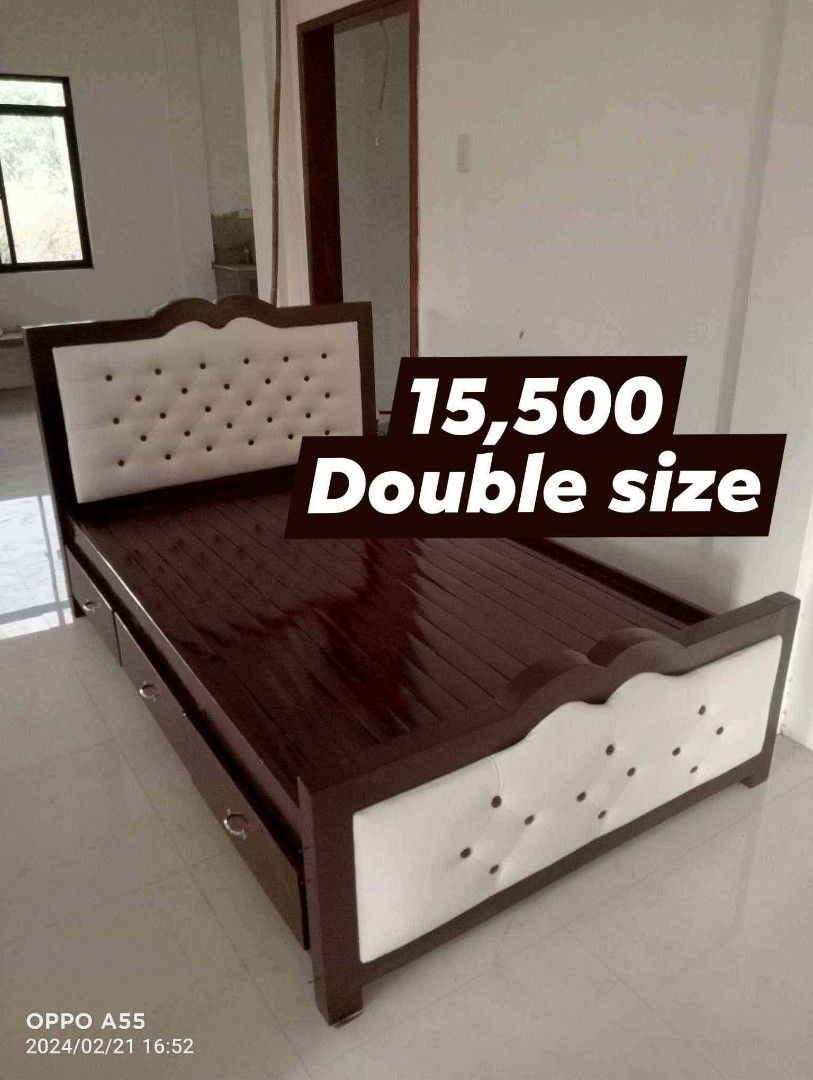 Wooden Bed Frame with Upholstered Headboard - Double & Single Sizes (Category: Bed Frames & Mattresses) located in Iloilo. Submitted by semicglinda (Listing ID 1448606343, Image 1). Description: - Wooden bed frames available in Double and Single sizes. - Features a rich wood finish. - Includes a stylish tufted upholstered headboard. - Built-in drawers offer convenient extra storage. - Ideal for any bedroom setting. - Message us for specific size 