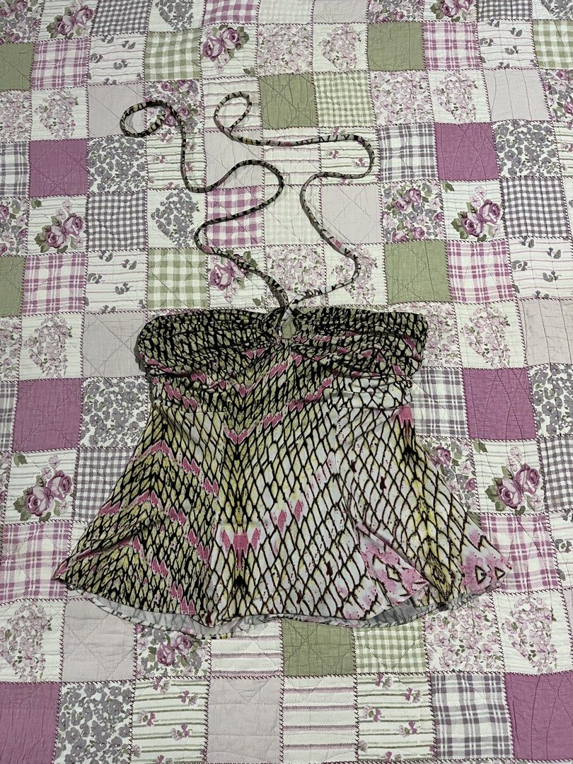 Y2K Just Cavalli Neon Pink and Yellow Python Print Ruched Halter Top (Category: Others Tops) located in Lupon. Submitted by weilclstle (Listing ID 1448610519, Image 1). Description: Super good No issue (Can request a video of the item with your name write on paper for assurance).