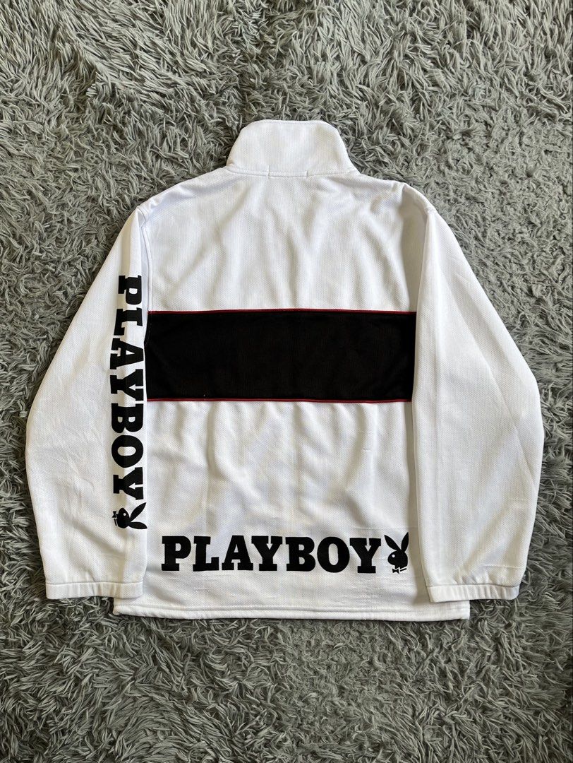 Y2k Playboy Spellout Track Jacket (Category: Coats, Jackets and Outerwear) located in Baguio. Submitted by feelathome (Listing ID 1448649701, Image 1). Description: Y2k Playboy Spellout Track Jacket Tag size: Medium 21x27 Yellow stain issue, still in good 850php.
