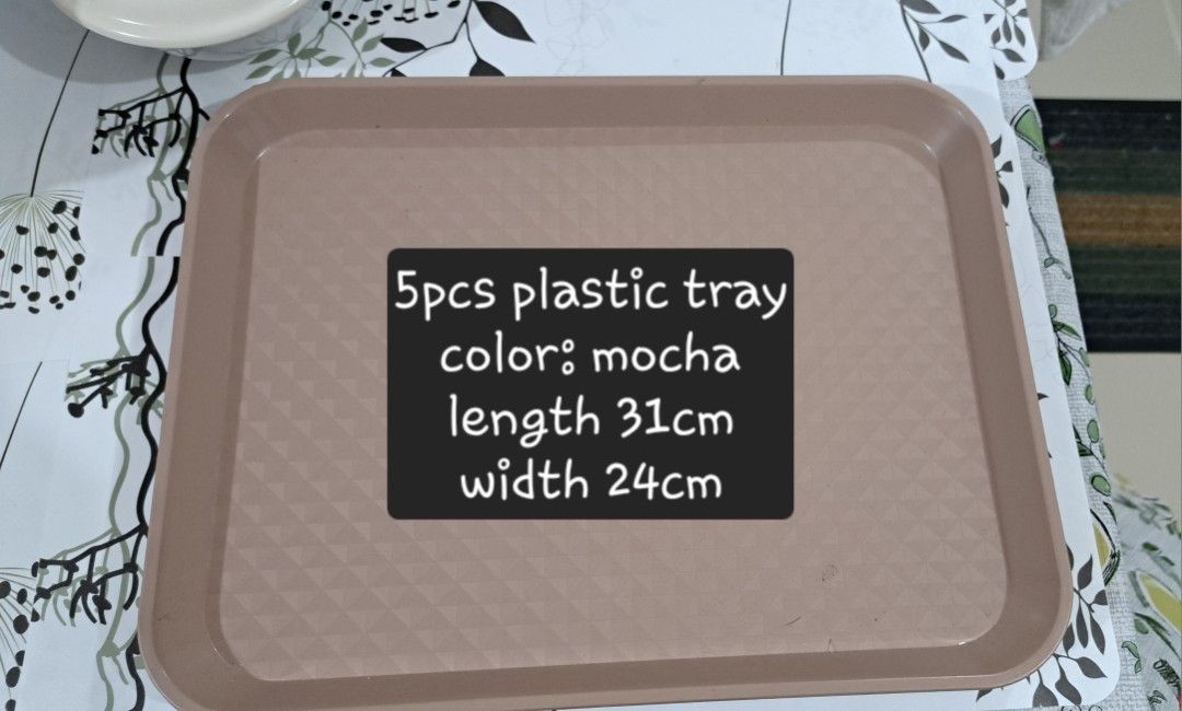 5pcs Mocha Plastic Trays (31cm x 24cm) (Category: Storage Boxes & Baskets) located in San Juan City. Submitted by serendipity.7891 (Listing ID 1453169473, Image 1). Description: - Set of 5 mocha plastic trays - Dimensions: 31cm (L) x 24cm (W) - Ideal for serving food or organizing items - Made from durable plastic material decluttering. payment via Gcash .