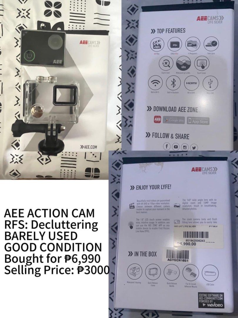 AEE Action Cam (Category: Video Cameras) located in Manila. Submitted by fastforest_850c79 (Listing ID 1453219947, Image 1). Description: Selling this AEE Action Cam in good condition (with SD Card) RFS : Decluttering Please see picture for more details. Message if interested. MOP: Gcash.