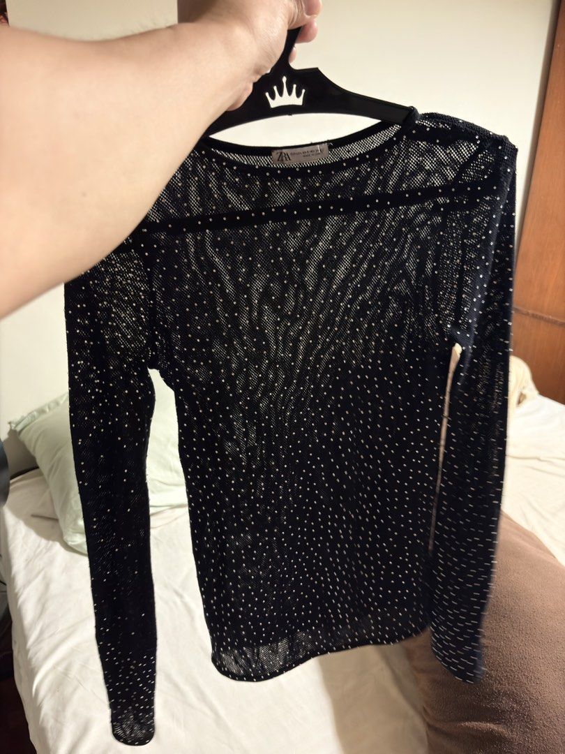 Authentic Zara Mesh Rhinestone Long Sleeves Top (Category: Others Tops) located in Mandaluyong City. Submitted by material_boi (Listing ID 1453195648, Image 2). Description: Store bought. Worn twice for an event. Washed once. Mesh siya pero it’s not super sheer. Di siya totally black, like navy blue. Body fit as in super pero super stretchable, literal. Size xs with dimes approx at 12.5 inches wide and 22 inches long. Super soft ng fabric neto ts
