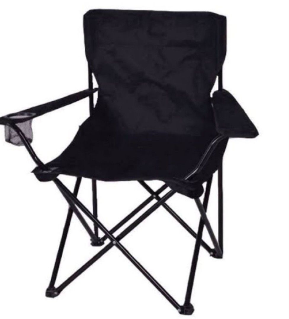 Black Folding Camping Chair with Cup Holder (Category: Hiking & Camping) located in Rizal. Submitted by jajay1995 (Listing ID 1453205388, Image 1). Description: 2 pcs large size -Brandnew never been use -Bag included - Sturdy black folding chair - Built-in cup holder on armrest - Ideal for camping, picnics, and backyard use - Lightweight and portable for easy transport - Folds up easily for convenient storage.