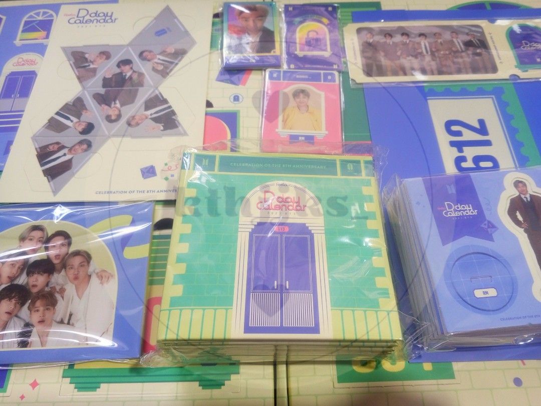 BTS Festa D-day Calendar (Category: K-Wave Merchandise) located in Marikina City. Submitted by kthjjks_ (Listing ID 1453120021, Image 1). Description: BTS Festa D-day Calendar WHAT YOU SEE IS WHAT YOU GET Php 1k + sf – mini standee is complete ot7 – small pcs are also complete ot7 – big outbox & dice is also included MOP: BDO, Gcash, Maya, MariBank, Sterling Bank, GoTyme.