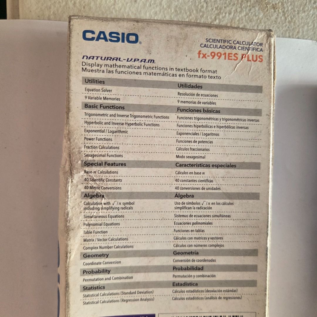 Casio FX-991ES Plus Scientific Calculator (Category: Office & Business Technology) located in Quezon City. Submitted by rongregang (Listing ID 1453177751, Image 3). Description: Casio FX-991ES Plus Scientific Calculator Issue: with screen lines, no cover Inclusions - Original box - Owner's manual Pickup at Laloma QC Meetup at UP Diliman.