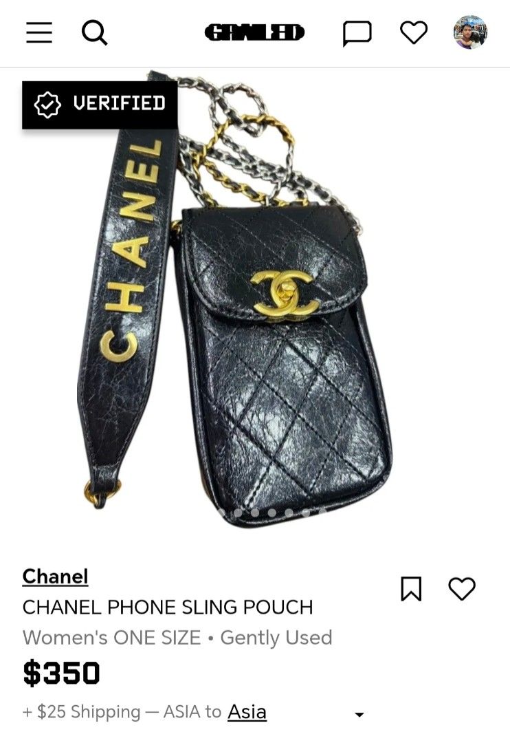 Chanel Phone Pouch Sling (Category: Luxury Bags & Wallets) located in Makati City. Submitted by allgoodsthrifts (Listing ID 1449216690, Image 2). Description: - Authentic Chanel makeup, phone sling pouch - Verified by Grailed App ( see 2nd pic or you can check on my Grailed Shop i also posted it there) - Height 17.5cm, Width 10.5cm, Depth 4.0cm - Can fit small to big phone - Quilted black leather - Gold hardware - Iconic CC logo - Detachable chai
