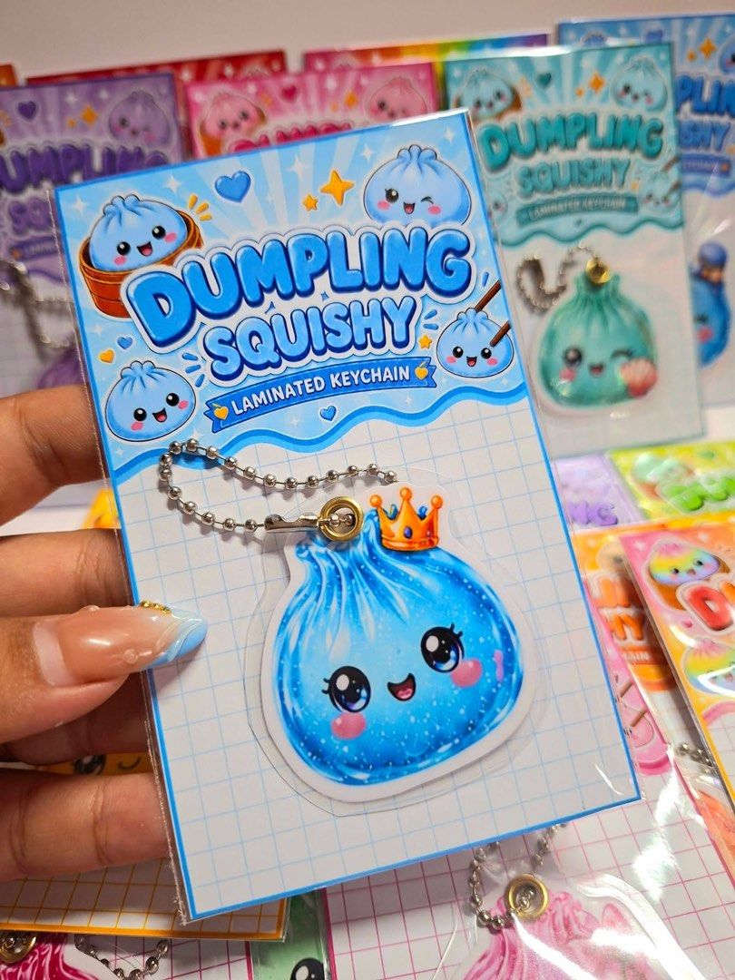 Dumpling Squishy Laminated Keychain (Category: Designer & Blind Box Toys) located in Antipolo. Submitted by satinnandprints (Listing ID 1453089817, Image 2). Description: - Adorable dumpling squishy keychains - Laminated for durability - Comes with a ball chain for easy attachment - Great for decorating bags, backpacks, or keys - Collect all the cute designs!.