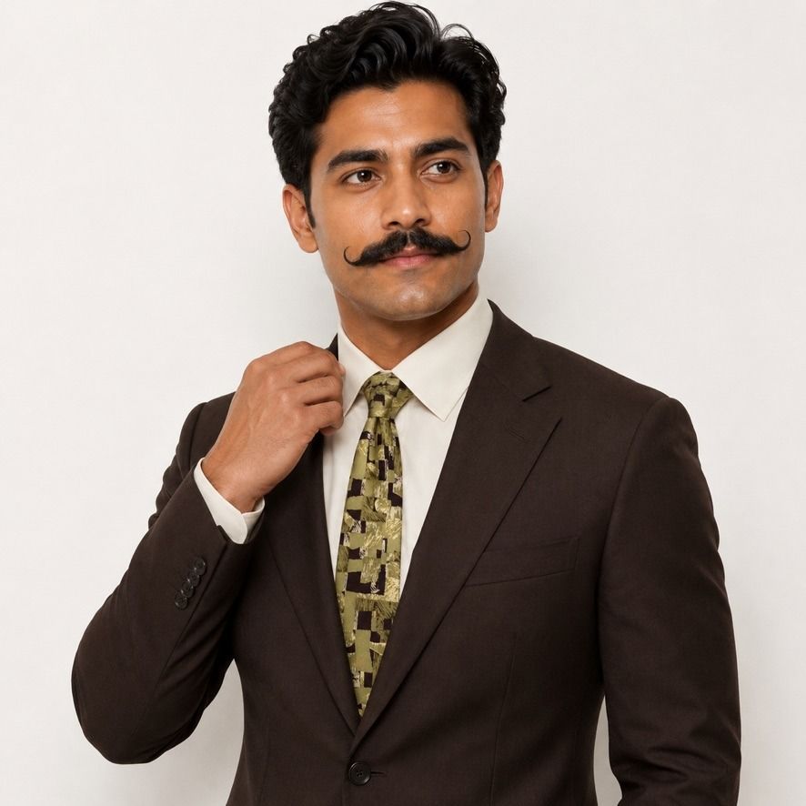 Emile Trahan Vintage Abstract Pattern Hand Made Neck Tie (Category: Ties) located in Taguig. Submitted by retrogaze (Listing ID 1453182308, Image 1). Description: This artistic vintage handmade necktie by Emile Trahan is crafted from 100% silk featuring a subtle, refined texture throughout. Set against a muted khaki and olive background, the design showcases a bold abstract mosaic pattern composed of geometric block shapes and expressive, brushst