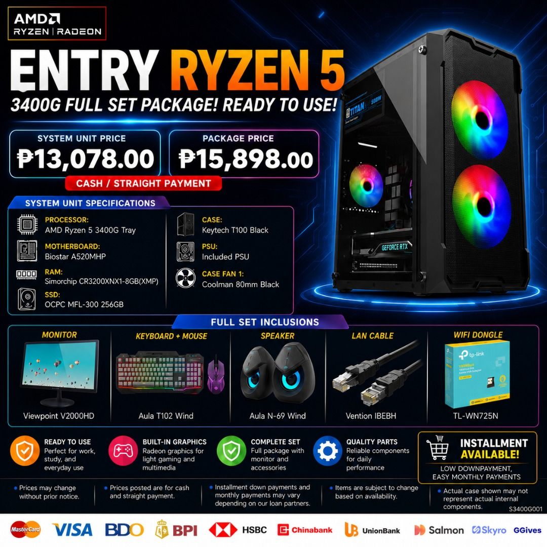 Entry 1 Ryzen 5 3400G Full Set Gaming PC Package (Category: Desktops) located in Caloocan City. Submitted by kentsalvador31 (Listing ID 1453121169, Image 1). Description: Mas mabilis na performance, mas magandang graphics! 🚀 Upgrade na sa ating Entry Ryzen 5 3400G Full Set Package—ready to use at perpekto para sa gaming, online classes, work, at multimedia tasks! 💻✨ Package Inclusions: Processor: AMD Ryzen 5 3400G Tray Motherboard: Biostar A520
