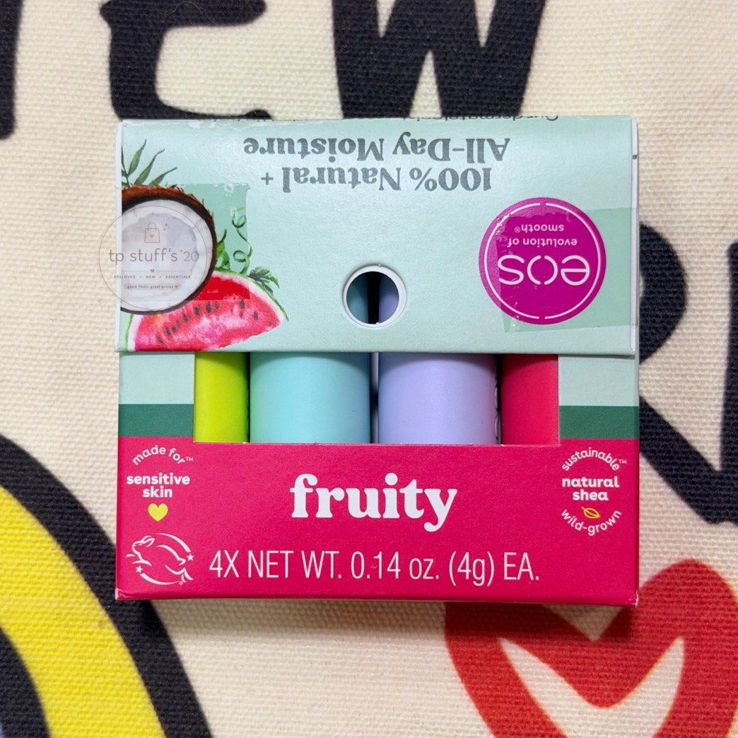 EOS 4-Pack Fruity Lip Balm Set - 100% Natural (Category: Makeup) located in Manila. Submitted by tpstuffs20 (Listing ID 1453100020, Image 1). Description: The eos Fruity Lip Balm 4-Pack features four 100% natural and sustainable shea-based stick balms designed for sensitive skin. Flavors Included: -Pineapple Passionfruit -Watermelon Frosé -Raspberry Kiwi Splash -Coconut Milk Formulation: Provides 24-hour all-day moisture with protective antioxida