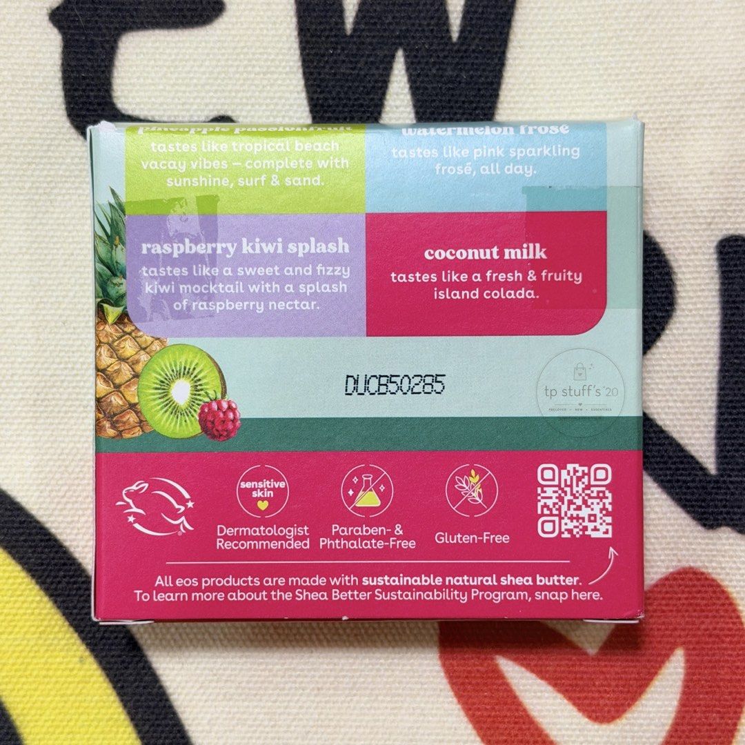 EOS 4-Pack Fruity Lip Balm Set - 100% Natural (Category: Makeup) located in Manila. Submitted by tpstuffs20 (Listing ID 1453100020, Image 2). Description: The eos Fruity Lip Balm 4-Pack features four 100% natural and sustainable shea-based stick balms designed for sensitive skin. Flavors Included: -Pineapple Passionfruit -Watermelon Frosé -Raspberry Kiwi Splash -Coconut Milk Formulation: Provides 24-hour all-day moisture with protective antioxida