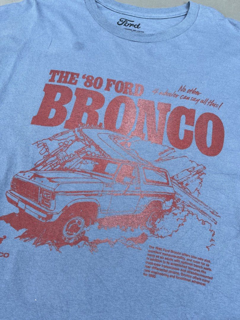 Ford Bronco 1980 Shirt (Category: Tshirts & Polo Shirts ) located in Quezon City. Submitted by kentstuff (Listing ID 1453132469, Image 2). Description: 250 Size XL On Tag Shoulder-Hem : 30” Pit-Pit : 23.5” Condition: Excellent CR: 9.8/10 Flaws: ❌ Needwash DISCLAIMER: This is a thrifted item. All brands, logos, and trademarks belong to their rightful owners. We’re here to rehome great pieces — no brand affiliation intended..