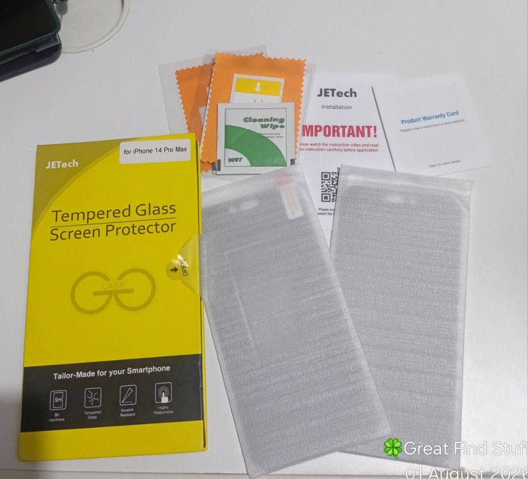 [GFS] JETech Tempered Glass for Iphone 14 Pro max (Category: Other Mobile & Gadget Accessories) located in Quezon City. Submitted by greatfindstuff (Listing ID 1453163215, Image 3). Description: [GFS] JETech Tempered Glass for Iphone 14 Promax from Japan🇯🇵 📌Condition • Never Been Used • 2pcs tempered glass • from Japan • As is • with own box 📍Novaliches, Quezon City 🛵 Lalamove • Self Pick up • Grab 💰Gcash • Maya • BPI • Cash on pick up .