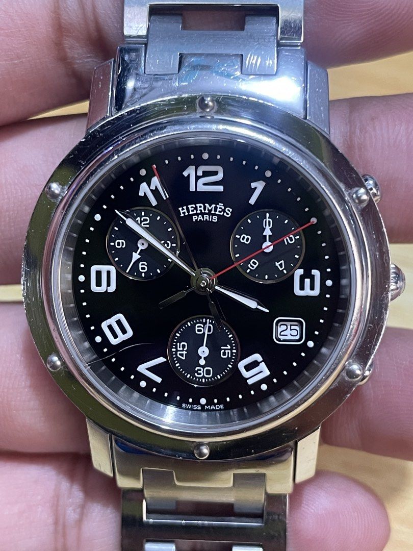 Hermès clipper chronograph (Category: Men's Watches) located in Taguig. Submitted by tester1x (Listing ID 1453086391, Image 3). Description: Secondhand watch Hermès Clipper Chronograph Swiss made Quartz CL1.910 220.1658 All stainless steel 38mm Orig bracelet 7’ wrist size Watch only .