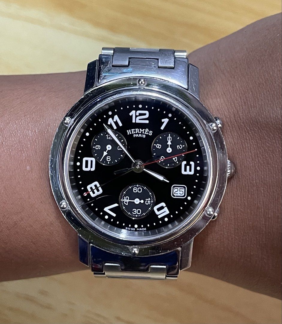 Hermès clipper chronograph (Category: Men's Watches) located in Taguig. Submitted by tester1x (Listing ID 1453086391, Image 1). Description: Secondhand watch Hermès Clipper Chronograph Swiss made Quartz CL1.910 220.1658 All stainless steel 38mm Orig bracelet 7’ wrist size Watch only .