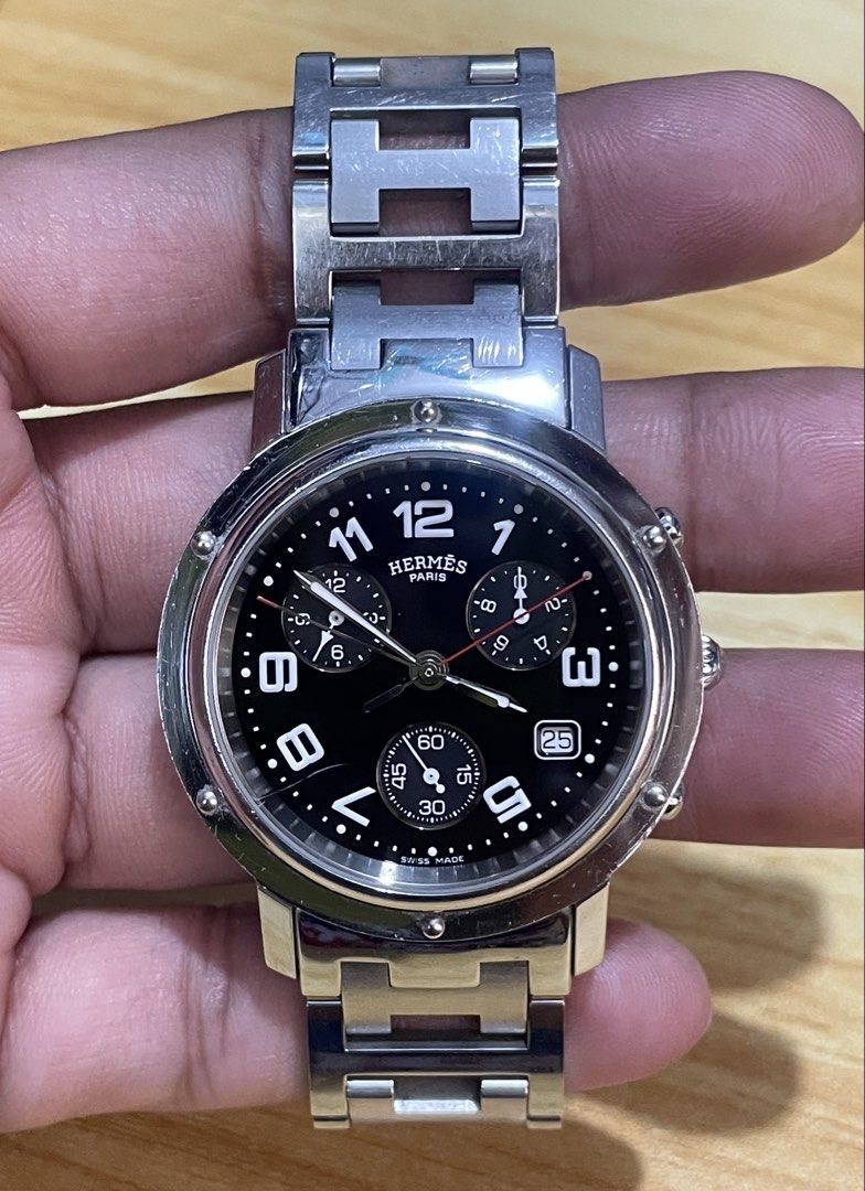 Hermès clipper chronograph (Category: Men's Watches) located in Taguig. Submitted by tester1x (Listing ID 1453086391, Image 2). Description: Secondhand watch Hermès Clipper Chronograph Swiss made Quartz CL1.910 220.1658 All stainless steel 38mm Orig bracelet 7’ wrist size Watch only .