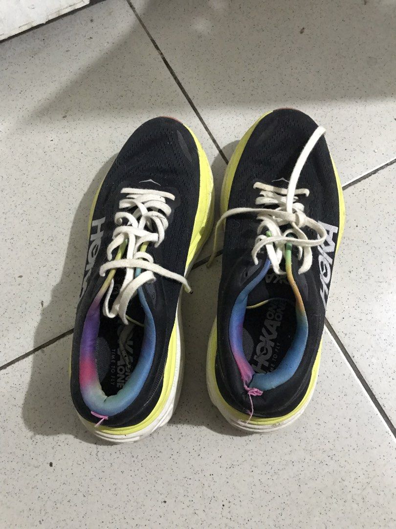Hoka Bondi 8 Running Shoes (Category: Sneakers) located in Manila. Submitted by boldeagle-296e (Listing ID 1453111202, Image 3). Description: - Black Hoka Bondi 8 running shoes - Chunky sole in yellow and white - Rainbow detail on the inside collar - White laces - Ideal for running or everyday wear - from US .