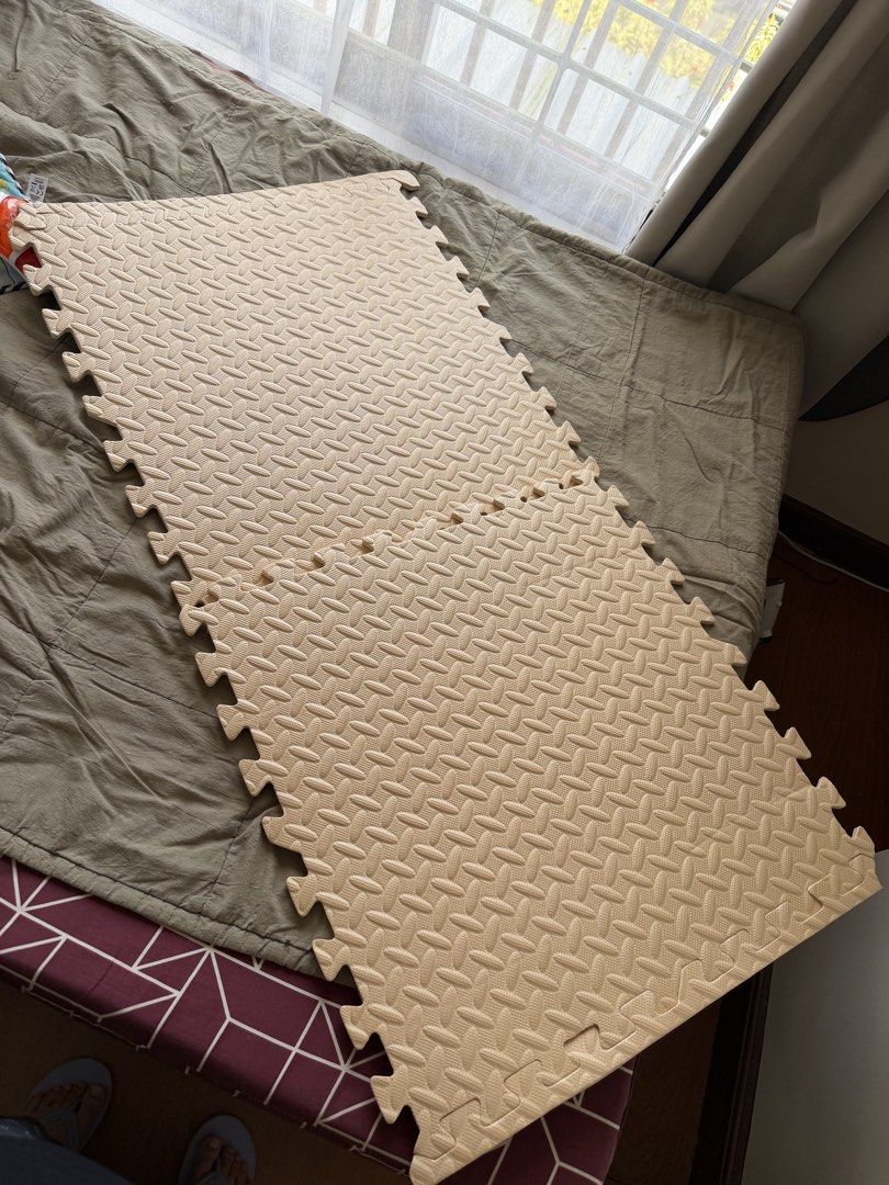 Interlocking Foam Play Mat Beige 2pcs only (60x60cm) (Category: Infant Playtime) located in Davao. Submitted by lyscapuno (Listing ID 1453107223, Image 1). Description: - Beige interlocking foam play mat - Covers a good area - Puzzle piece edges for easy assembly/disassembly - Ideal for kids' play area or exercise - Clean surface.