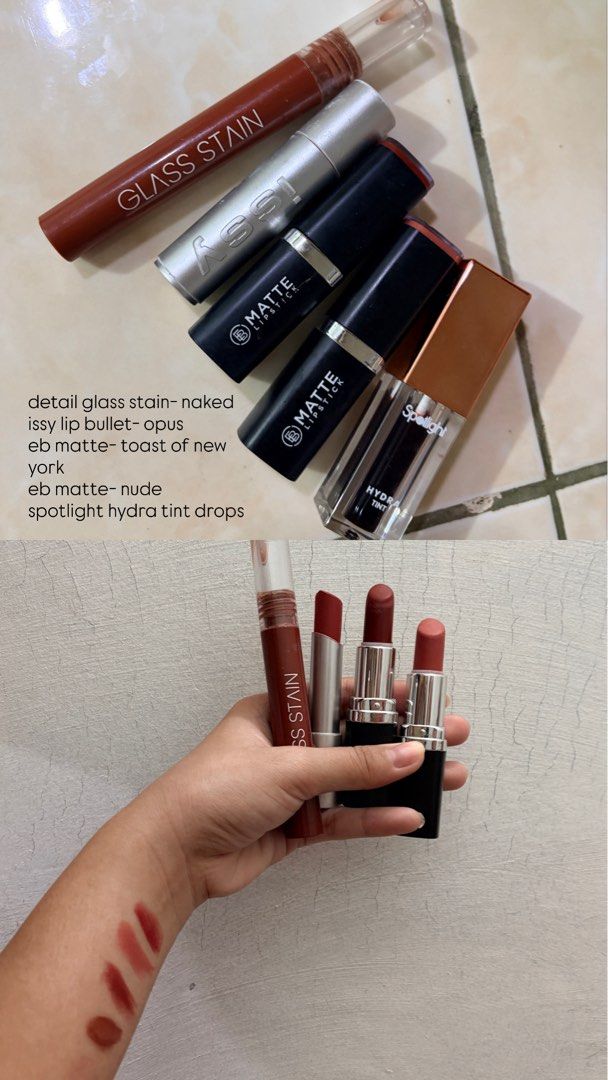 Issy, EB Matte, Spotlight Lipsticks & Glass Stain (Category: Makeup) located in Manila. Submitted by epicbird.a41ae2 (Listing ID 1453225220, Image 1). Description: - Bundle includes 5 lip products: - Issy Lip Bullet in shade Opus - EB Matte Lipsticks in shades Toast of New York and Nude - Spotlight Hydra Tint Drops in shade Naked - Spotlight Glass Stain in shade Naked - Swatches available on arm for reference - Perfect shades for everyday wear.