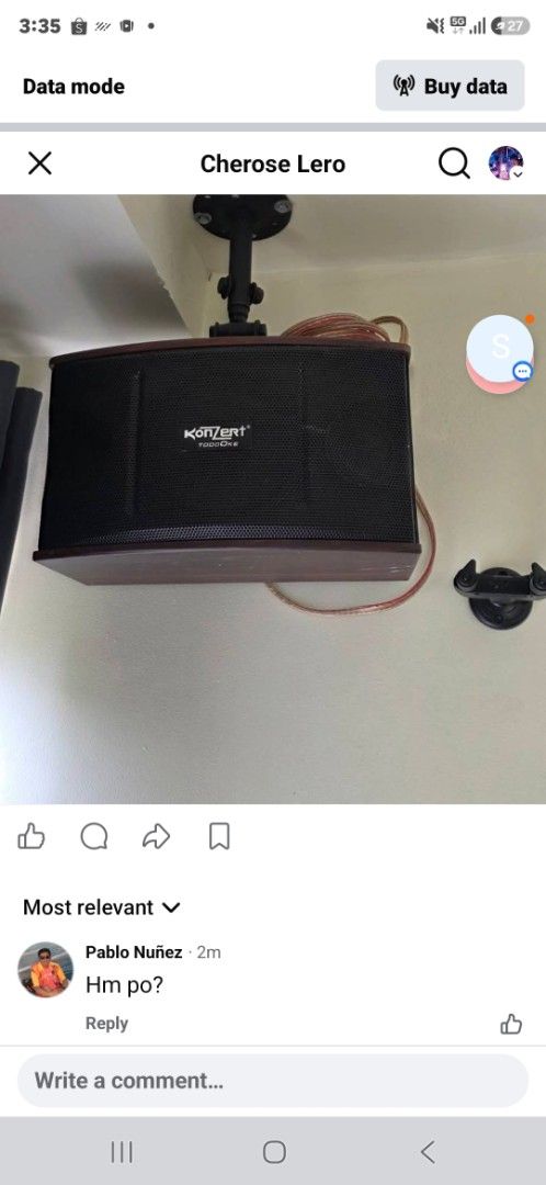 Konzert TODOOKE Speaker (Category: Soundbars, Speakers & Amplifiers) located in Manila. Submitted by cher0918 (Listing ID 1453161999, Image 1). Description: - Konzert TODOOKE ceiling speaker - Includes mounting bracket - Dark wood-like casing with black mesh grille - Comes with speaker wire - Ideal for home audio or karaoke setups - Ask me if you have questions! i have 2 pcs freebracket swivel type.