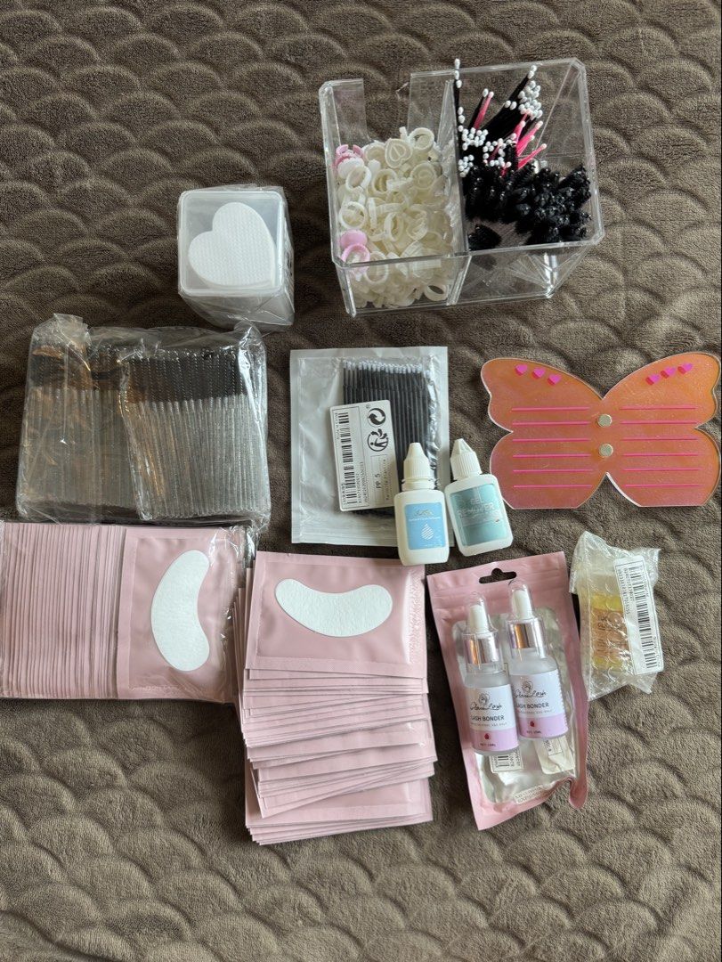 Lash Tech Bundle (negotiable) (Category: Makeup) located in Manila. Submitted by prelovedsoso (Listing ID 1453135518, Image 1). Description: Selling for P900 only, negotiable 🤍 all items in pic estimated to be around 2k in total - under eye gel patches - 2pcs lash bonder, sealed - tool cleaner, sealed - spoolies - eyelash glue rings - gel remover & eyelash detergent - monochrome butterfly lash strip board - heart cleaning pads - mini q-tips 📍 o