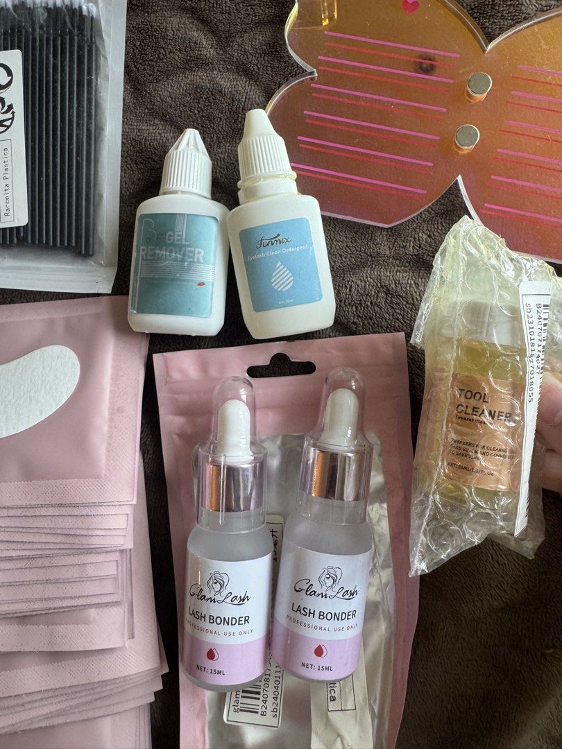 Lash Tech Bundle (negotiable) (Category: Makeup) located in Manila. Submitted by prelovedsoso (Listing ID 1453135518, Image 2). Description: Selling for P900 only, negotiable 🤍 all items in pic estimated to be around 2k in total - under eye gel patches - 2pcs lash bonder, sealed - tool cleaner, sealed - spoolies - eyelash glue rings - gel remover & eyelash detergent - monochrome butterfly lash strip board - heart cleaning pads - mini q-tips 📍 o