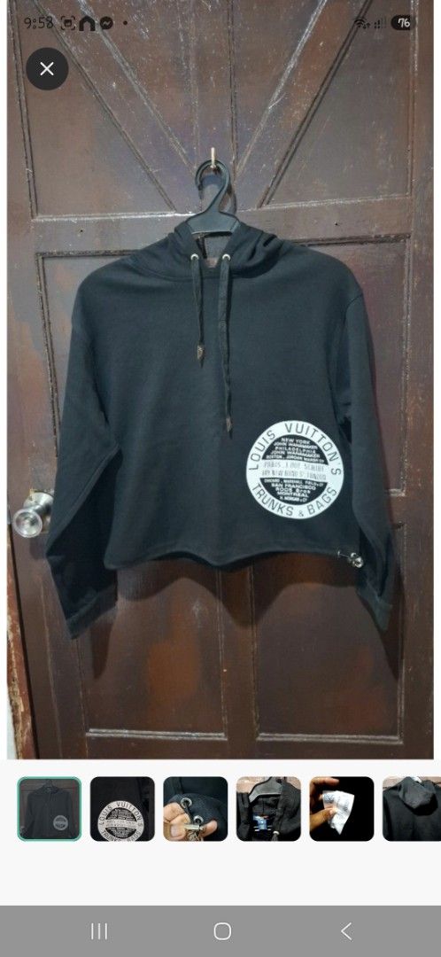 Louis Vuitton Black Cropped Hoodie (Category: Luxury Apparel) located in Coron. Submitted by sirizchoice (Listing ID 1453062629, Image 1). Description: -FREE SF - Black cropped hoodie - Louis Vuitton - Drawstring hood - Metal details on sleeves - Material: Cotton and Polyamide (check tags for exact composition) - Size: XS on tag but fits up to large - Perfect addition to your collection.