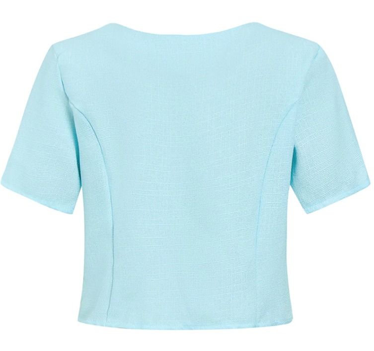 Lovito Light Blue Tweed Heart Button Cropped Top (Category: Blouses) located in Cainta. Submitted by cqmpreloved (Listing ID 1453165411, Image 2). Description: - Lovito light blue tweed cropped top - Features cute heart-shaped buttons - Textured fabric - Short sleeves - Boxy fit - Versatile for casual or dressed-up outfits, office wear, smart casual, malling - Please check measurements for best fit - Fits S - M - Color is Bright Blue.