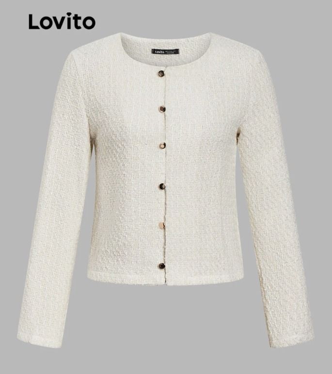 Lovito White Tweed Button Up Cardigan Jacket (Category: Coats, Jackets and Outerwear) located in Cainta. Submitted by cqmpreloved (Listing ID 1453168439, Image 2). Description: - White tweed cardigan from Lovito - Features elegant gold button details - Estimated size M based on measurements - Perfect for layering over tops - Creates a chic smart casual look Original price is P600.
