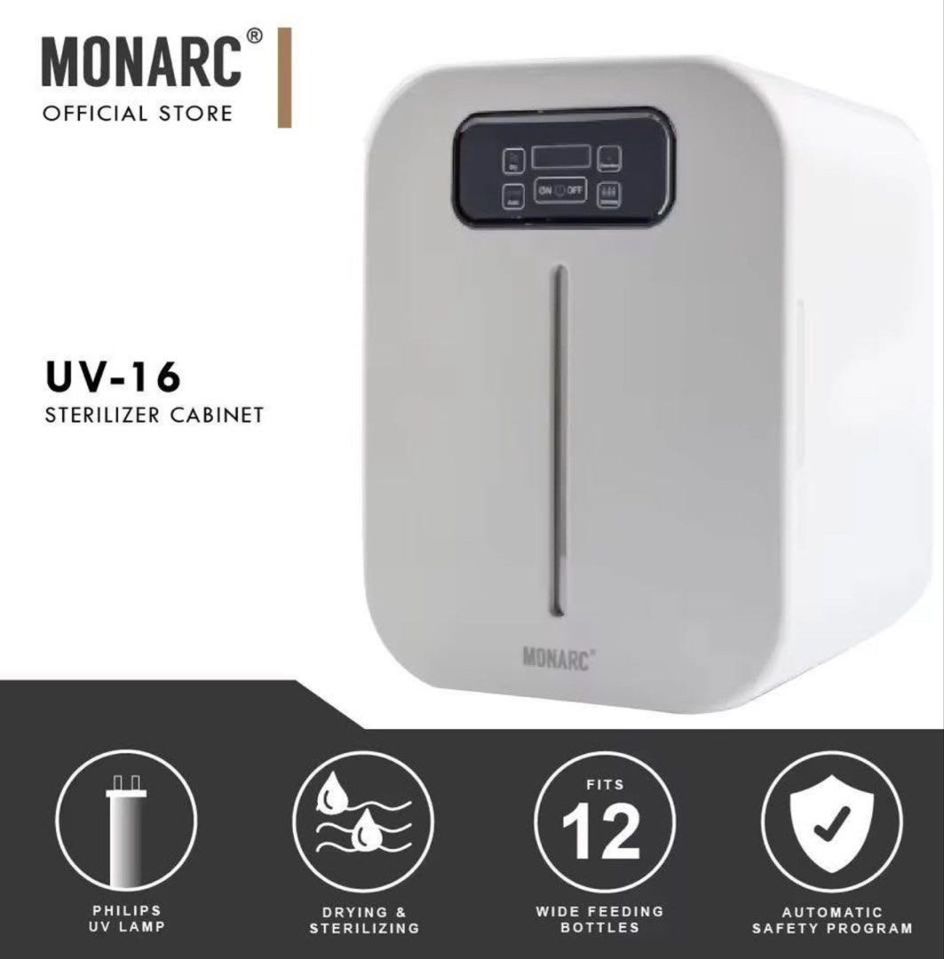 Monarc UV-16 Sterilizer Cabinet - Drying & Sterilizing (Category: Breastfeeding & Bottle Feeding) located in Cainta. Submitted by alsva (Listing ID 1453234406, Image 1). Description: - Monarc UV-16 Sterilizer Cabinet - Uses Philips UV lamp for effective drying and sterilization - Large capacity: Fits up to 12 wide feeding bottles - Features an automatic safety program for peace of mind - Ideal for maintaining hygiene and dryness of baby bottles.