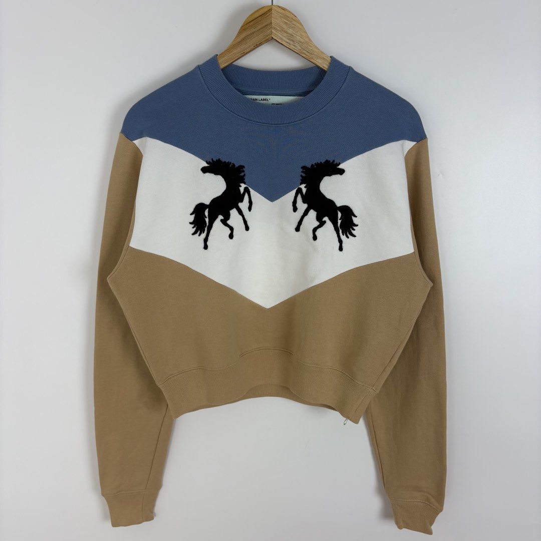 Off White Twisting Horses Cropped Crewneck (Category: Coats, Jackets and Outerwear) located in Calamba. Submitted by 2muchclothes_ (Listing ID 1453159282, Image 1). Description: Measurements Size: XXS Width: 21.5 Length: 21 Shoulder: 18.5 Sleeve: 26 Materials: 100% Cotton 100% Polyester Made In: Portugal Condition: 9.5/10 Flaws: None .