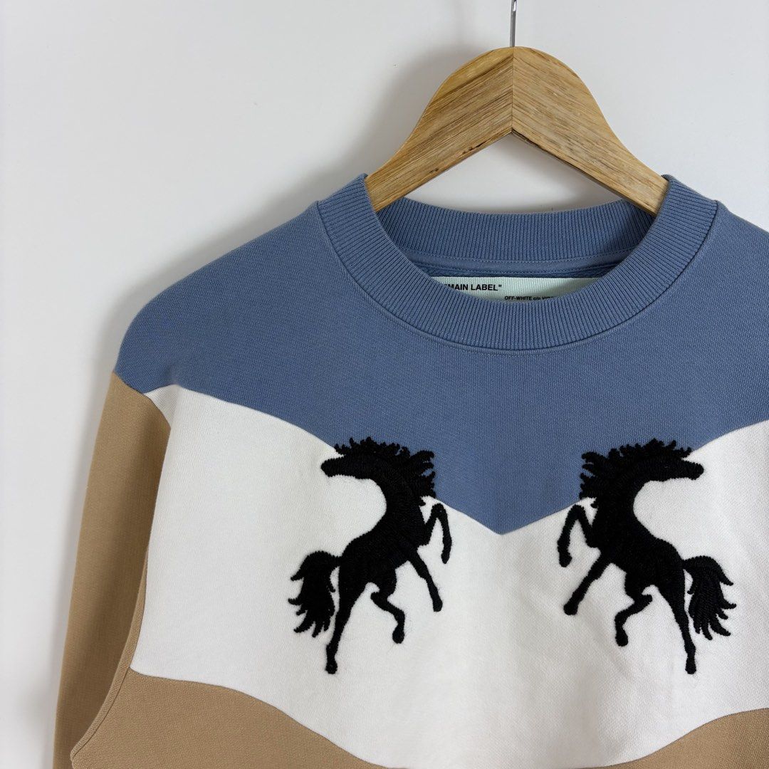 Off White Twisting Horses Cropped Crewneck (Category: Coats, Jackets and Outerwear) located in Calamba. Submitted by 2muchclothes_ (Listing ID 1453159282, Image 3). Description: Measurements Size: XXS Width: 21.5 Length: 21 Shoulder: 18.5 Sleeve: 26 Materials: 100% Cotton 100% Polyester Made In: Portugal Condition: 9.5/10 Flaws: None .