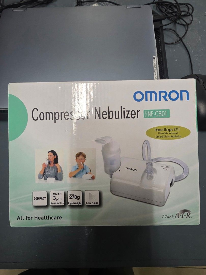 OMRON Compressor Nebulizer NE-C801 with Carrying Bag (Category: Medical Supplies & Tools) located in Pasay City. Submitted by chintwoonly (Listing ID 1453168904, Image 1). Description: - OMRON NE-C801 Compressor Nebulizer - Comes with a convenient carrying bag - Lightweight design (only 270g) - Low noise operation for a more comfortable experience - MMAD of 3 micrometers for efficient treatment - Ideal for all your healthcare needs.