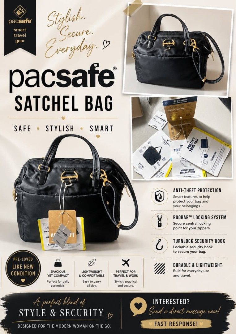 Pacsafe Black Satchel Bag - Anti-Theft, Secure Locking (Category: Cross-body Bags) located in Marikina City. Submitted by jabmar (Listing ID 1453073054, Image 1). Description: Pacsafe satchel bag in black Like New negotiable gor sure buyer Bought for 7990 - Lightweight and comfortable for daily use - Anti-theft features: Roobar locking system, Turnlock security hook - Ideal for travel and work - Spacious yet compact design RFS: Declutter.