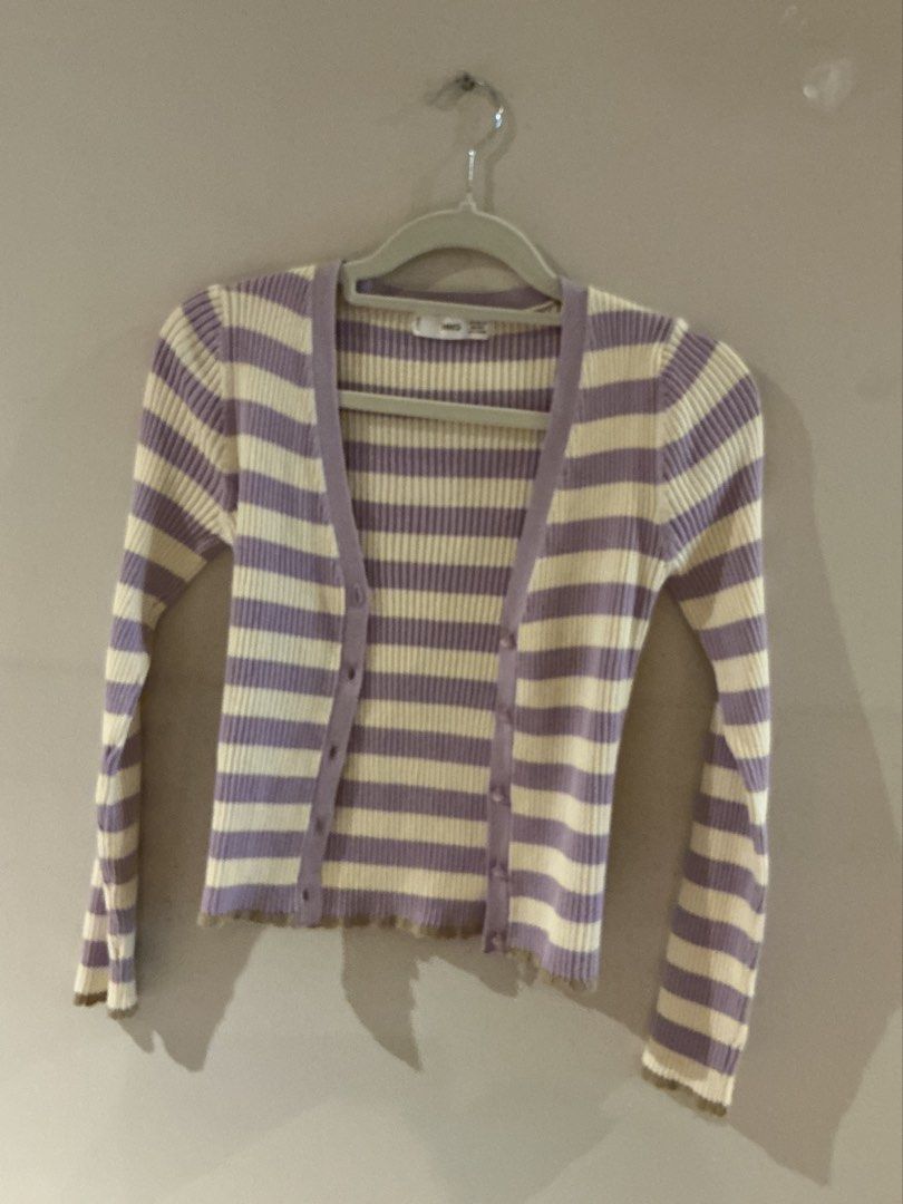 Purple Striped Cardigan (Category: Coats, Jackets and Outerwear) located in Manila. Submitted by valknosis (Listing ID 1453096387, Image 1). Description: Prices are negotiable 💕 GCASH PAYMENT ❄️ SF covered by buyer ❄️ - Slim fitting - Though it is stretchy fabric - May feel smaller depending on bra size.