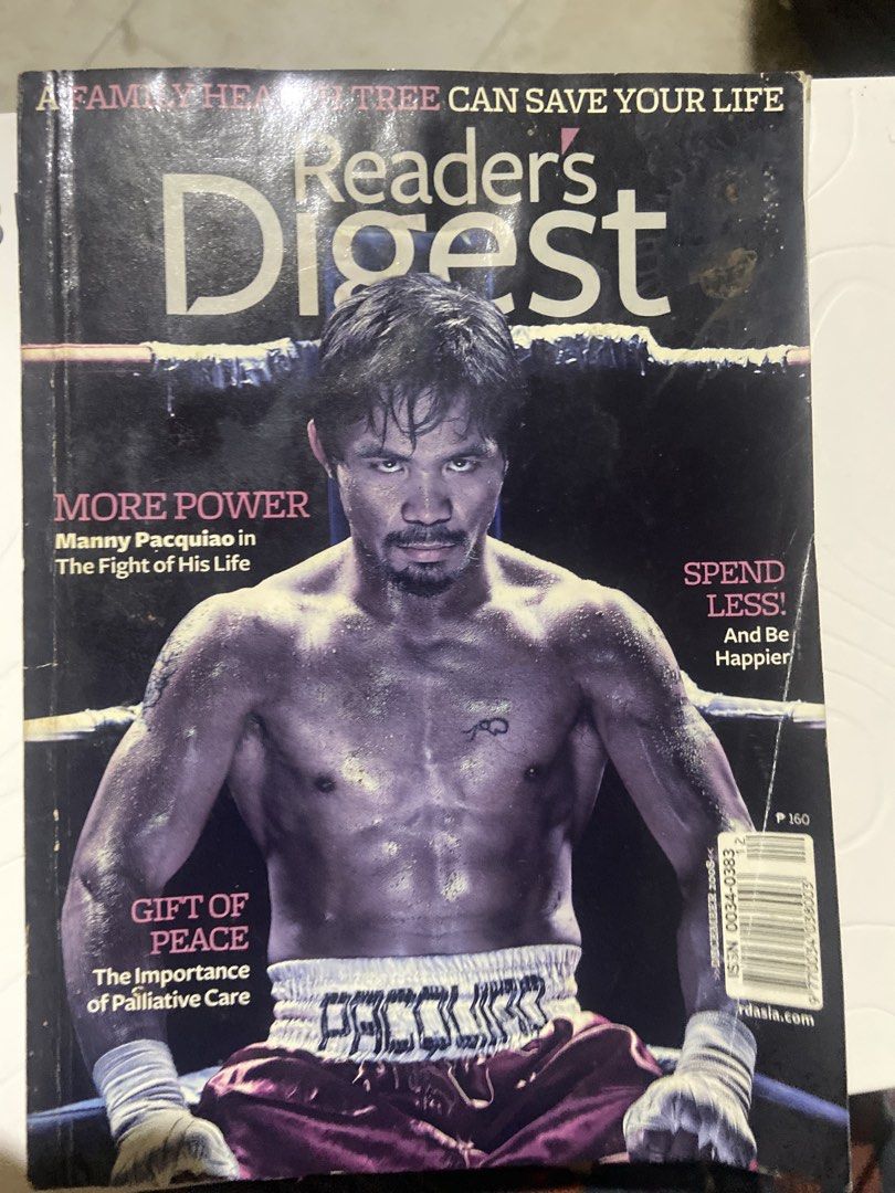 Reader's Digest Magazine - Manny Pacquiao Cover (Category: Magazines) located in Taguig. Submitted by billpogi23 (Listing ID 1453169667, Image 1). Description: - Reader's Digest Magazine - December 2008 Issue - Cover Feature: Manny Pacquiao - Articles Include: 'More Power: Manny Pacquiao in The Fight of His Life', 'Gift of Peace: The Importance of Palliative Care' - Additional Section: 'Spend Less! And Be Happier' - Perfect for boxing enthusiasts