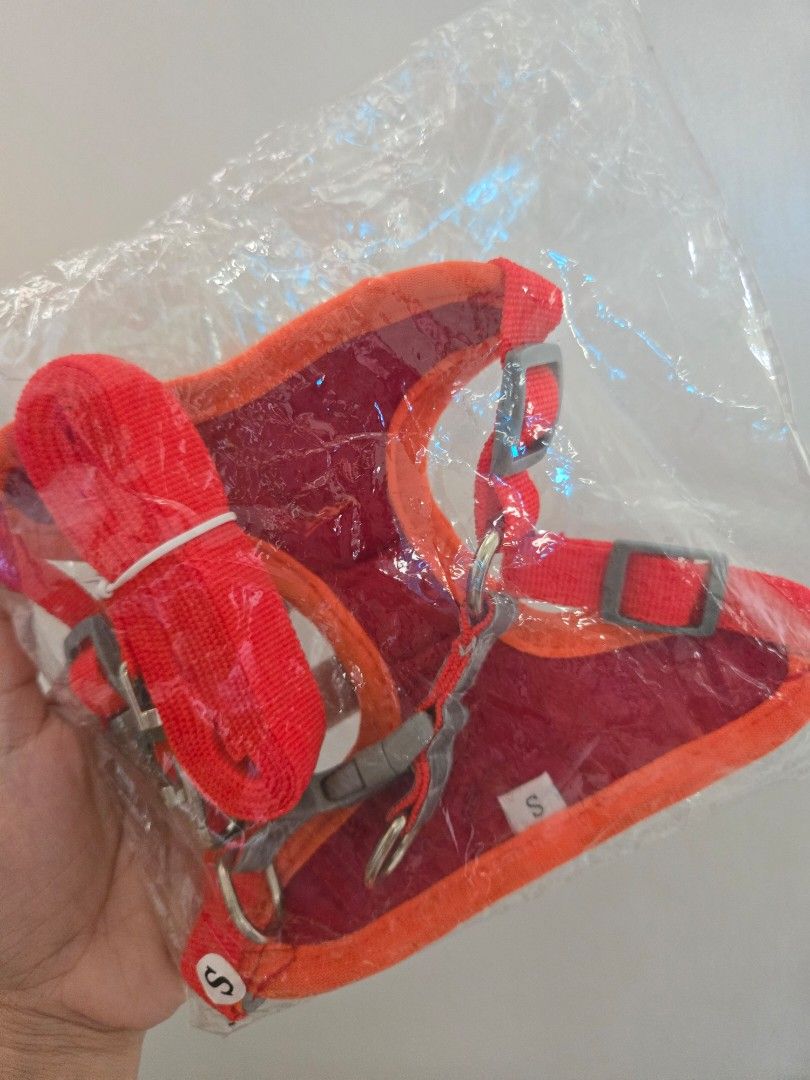 Red Pet Harness and Leash Set with Cute Fox Charm (Category: Homes & Other Pet Accessories) located in Quezon City. Submitted by samcas (Listing ID 1453087352, Image 3). Description: Red pet harness with orange trim and reflective stripes. Includes matching red leash. Features a cute fox charm. Adjustable straps. Size S. Perfect for walks!.