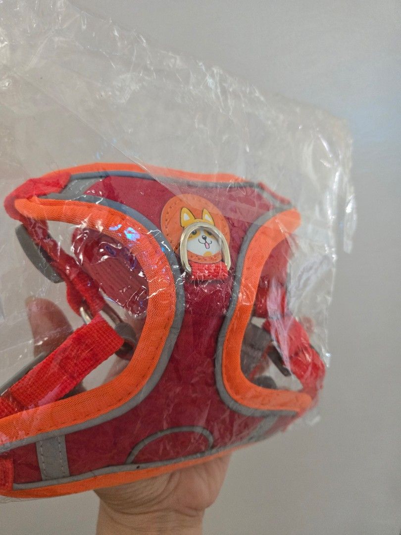 Red Pet Harness and Leash Set with Cute Fox Charm (Category: Homes & Other Pet Accessories) located in Quezon City. Submitted by samcas (Listing ID 1453087352, Image 2). Description: Red pet harness with orange trim and reflective stripes. Includes matching red leash. Features a cute fox charm. Adjustable straps. Size S. Perfect for walks!.