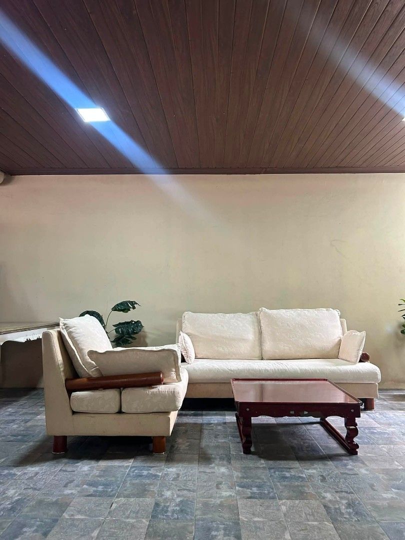 Sofa Set (Category: Sofas) located in Meycauayan. Submitted by marygracecasimiro (Listing ID 1453190391, Image 1). Description: CREAM FLORAL FABRIC SOFA SET + MAHOGANY CENTER TABLE - Sosyal at timeless! From Italy P35k lang mga suki 73x37x38in/ 3 Seater 35x37x38in/ Single 32x32x13in/ Center table DETAILS: 3-SEATER SOFA + 1-SEATER ARMCHAIR + WOODEN CENTER TABLE SPECIFICATIONS: Sofa Set: - 1 x 3-Seater Sofa - Cream / Off-white fabric with floral em