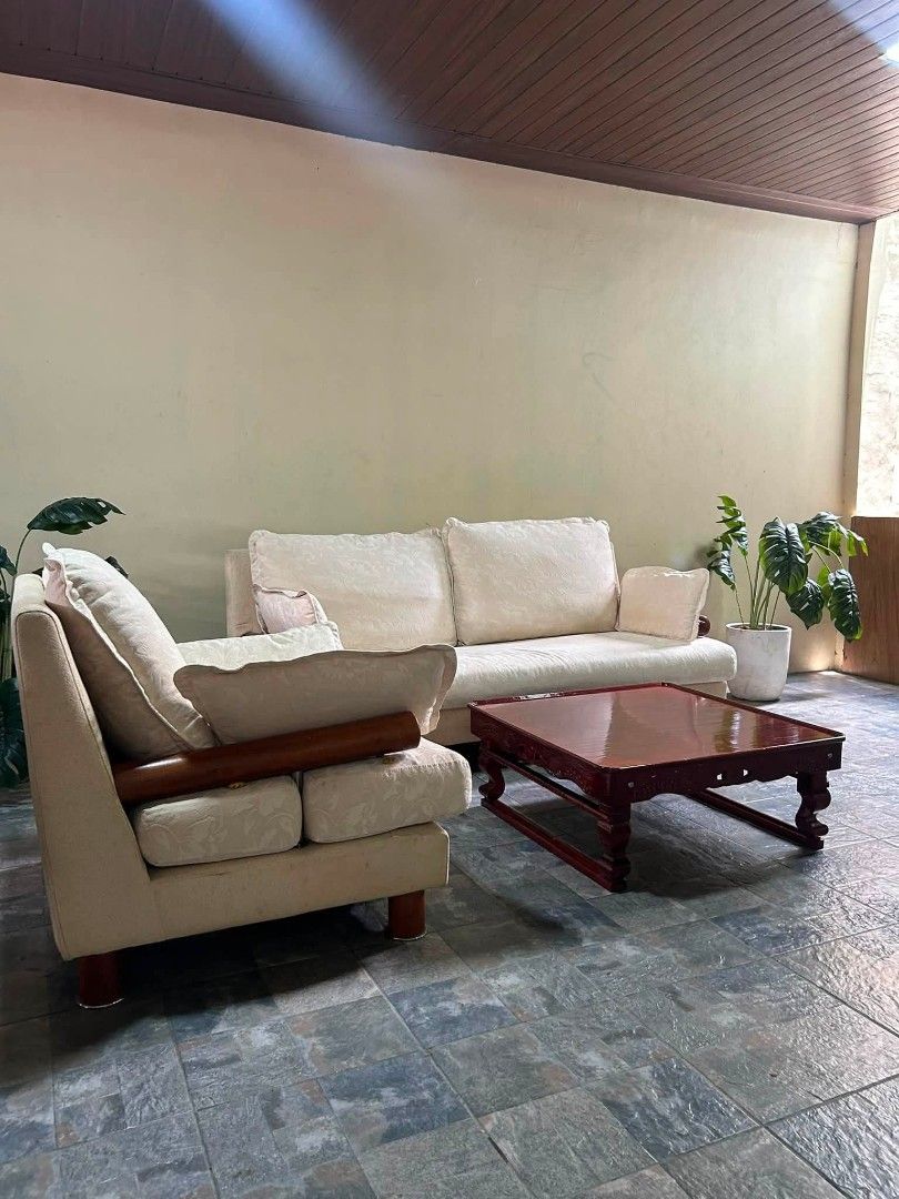 Sofa Set (Category: Sofas) located in Meycauayan. Submitted by marygracecasimiro (Listing ID 1453190391, Image 3). Description: CREAM FLORAL FABRIC SOFA SET + MAHOGANY CENTER TABLE - Sosyal at timeless! From Italy P35k lang mga suki 73x37x38in/ 3 Seater 35x37x38in/ Single 32x32x13in/ Center table DETAILS: 3-SEATER SOFA + 1-SEATER ARMCHAIR + WOODEN CENTER TABLE SPECIFICATIONS: Sofa Set: - 1 x 3-Seater Sofa - Cream / Off-white fabric with floral em