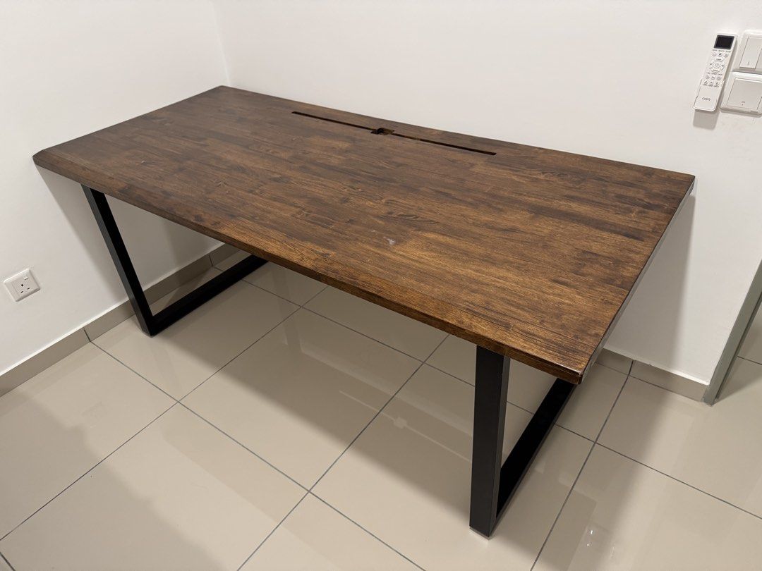 Solid Wood Table (Customized) (Category: Tables & Sets) located in Batu Caves. Submitted by mr_meemaw (Listing ID 1453152491, Image 2). Description: Very solid wooden table, perfect for study/working. Comes with customized grommet hole and bevelled edge for ergonomic hand placement. 🔥 Dimension: 180*80*75 Dm for more info or nego .